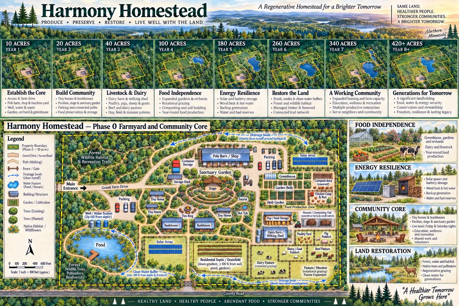 Harmony Homestead master plan showing growth from 10 acres in year 1 to more than 420 acres in year 8 and beyond