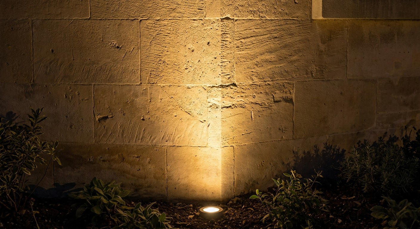 Shielded 2700K downward illumination grazing historic Bath stone masonry.