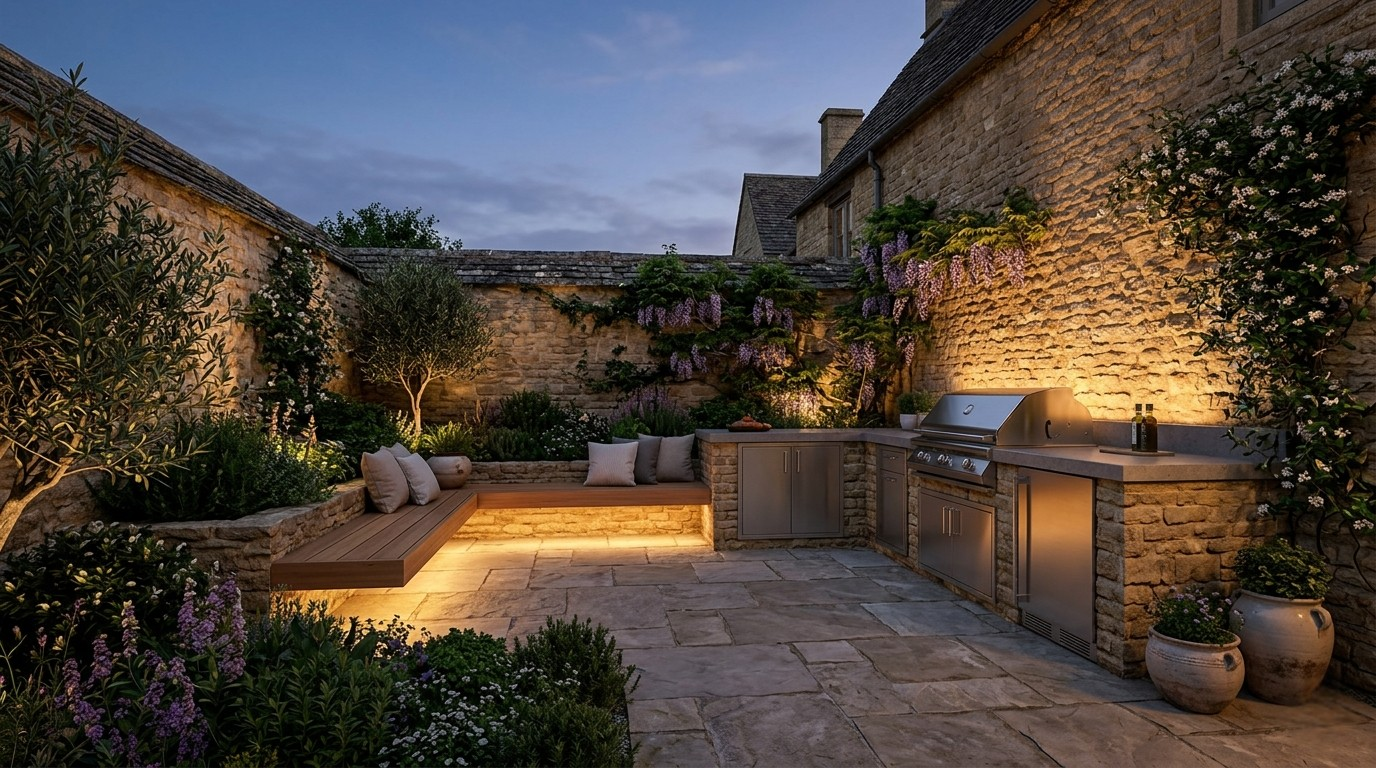 Cinematic 19:00 Dusk architectural shot showing 2700K grazing lights on Cotswold stone and culinary features.