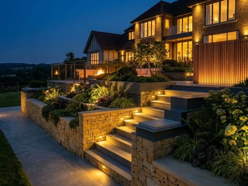 The finished physical resolve of a multi-tiered luxury garden in the Surrey Hills.