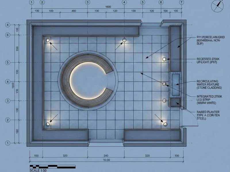 A 3D top-down perspective plan showing the exact placement of R11 stone and 2700K lighting positions.