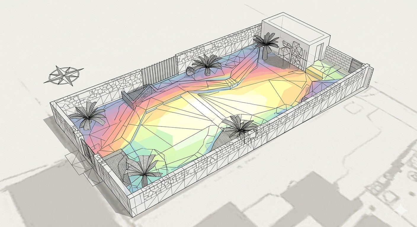 A 3D spatial top-down perspective plan mapping Scottish solar pathways.