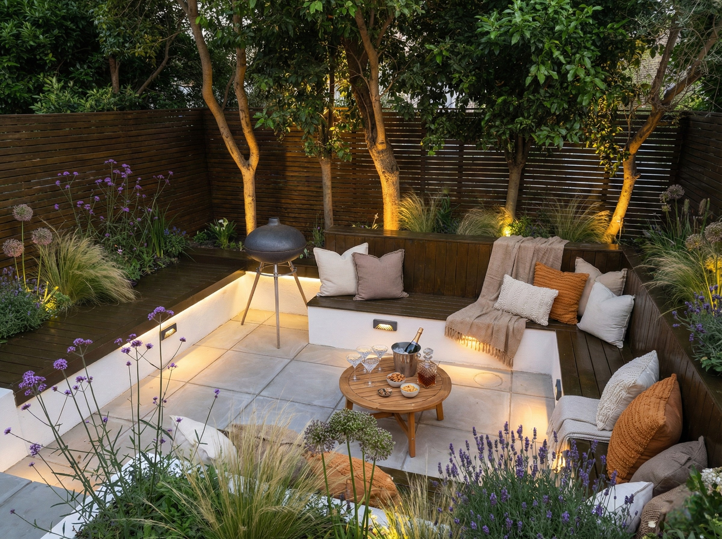 Technical eye-level architectural perspective of a nocturnal garden sanctuary featuring 2700K ultra-warm lighting and R11 anti-slip porcelain textures