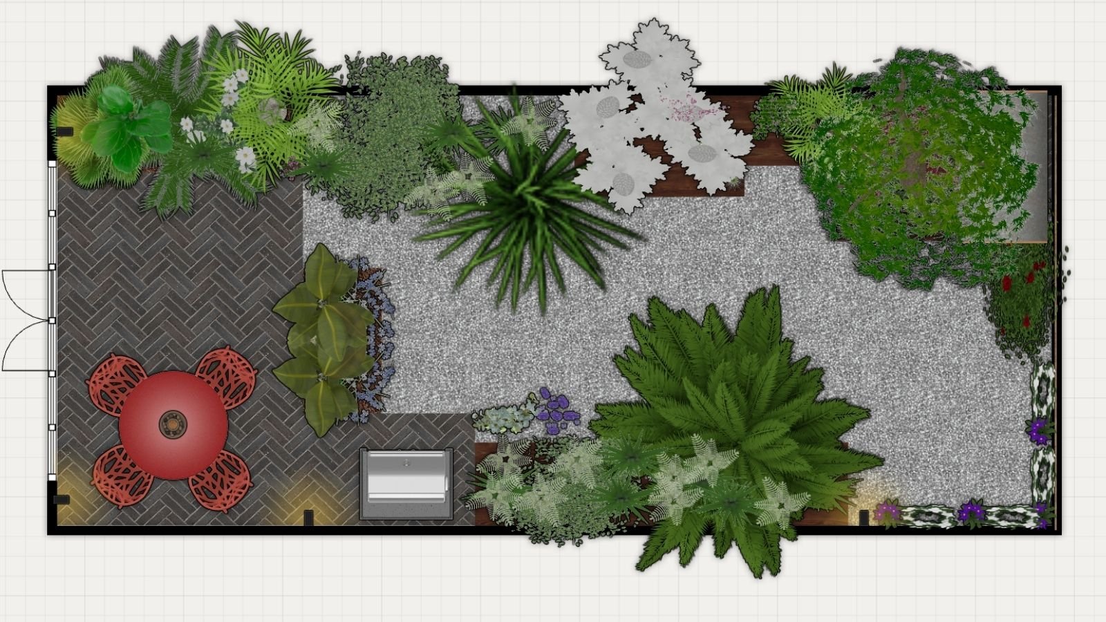 Top down garden design plan showing layout zoning and tropical planting arrangement
