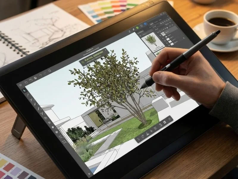 Meticulous close-up of a digital stylus touching a tablet screen where a 3D multi-stem tree is being placed into a render.
