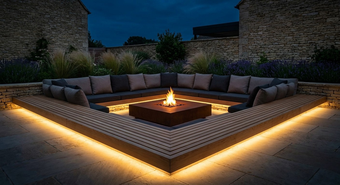 3D spatial planning highlighting floating cedar benches forming a Conversation Pit.