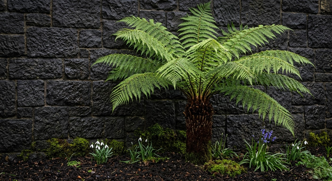 A Dicksonia antarctica tree fern set against dark volcanic basalt stone in a sheltered courtyard.