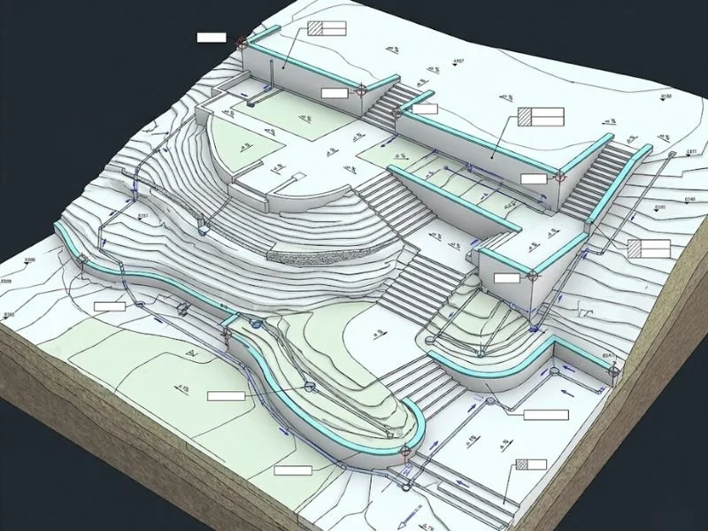 A 3D top-down perspective plan from a Floorplanner.com aesthetic, resolving spatial tension and drainage coordinates with vector-like precision.