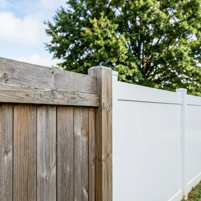 bright white vinyl fence beside weathered wooden fence in yard