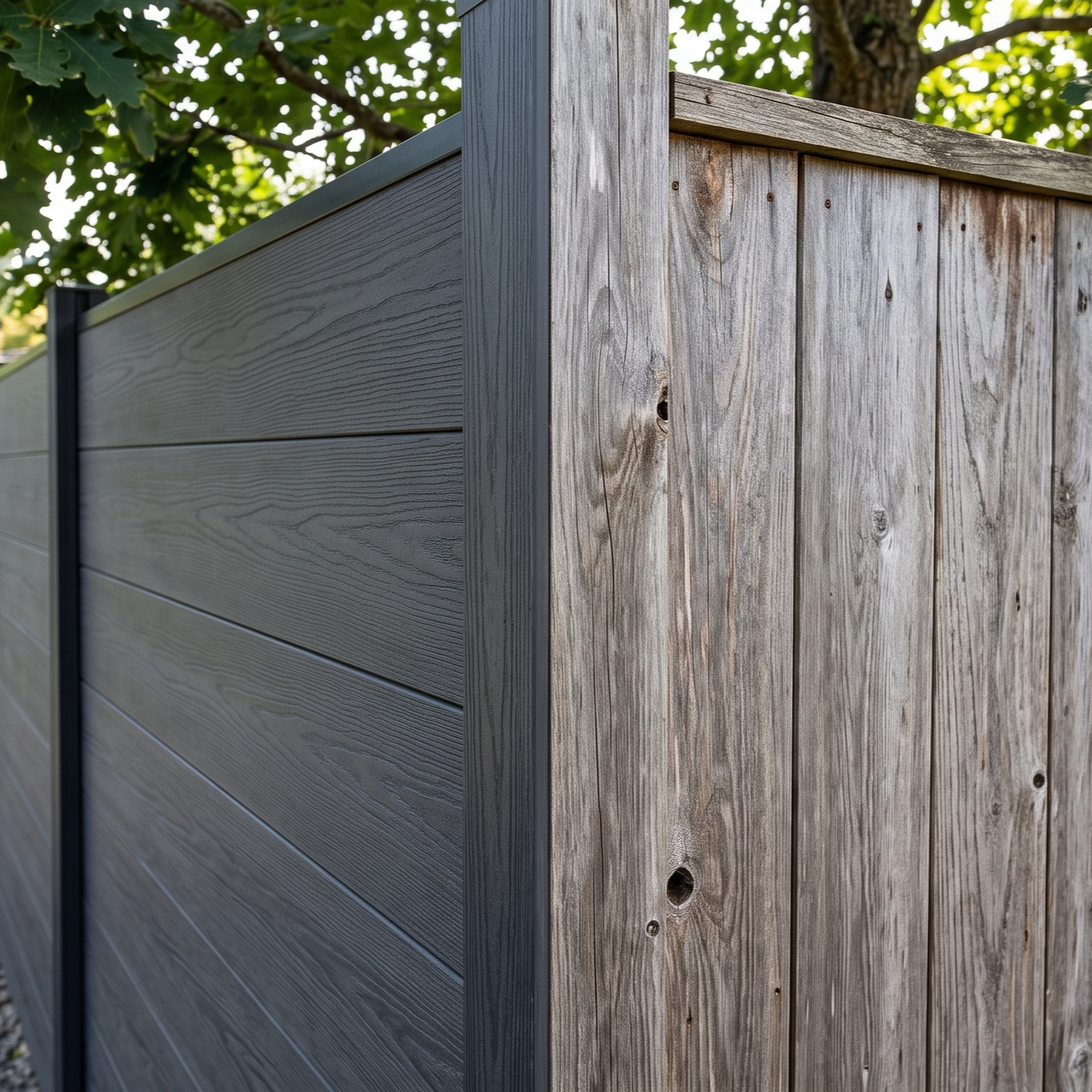 split-rail composite fence panels in forest green