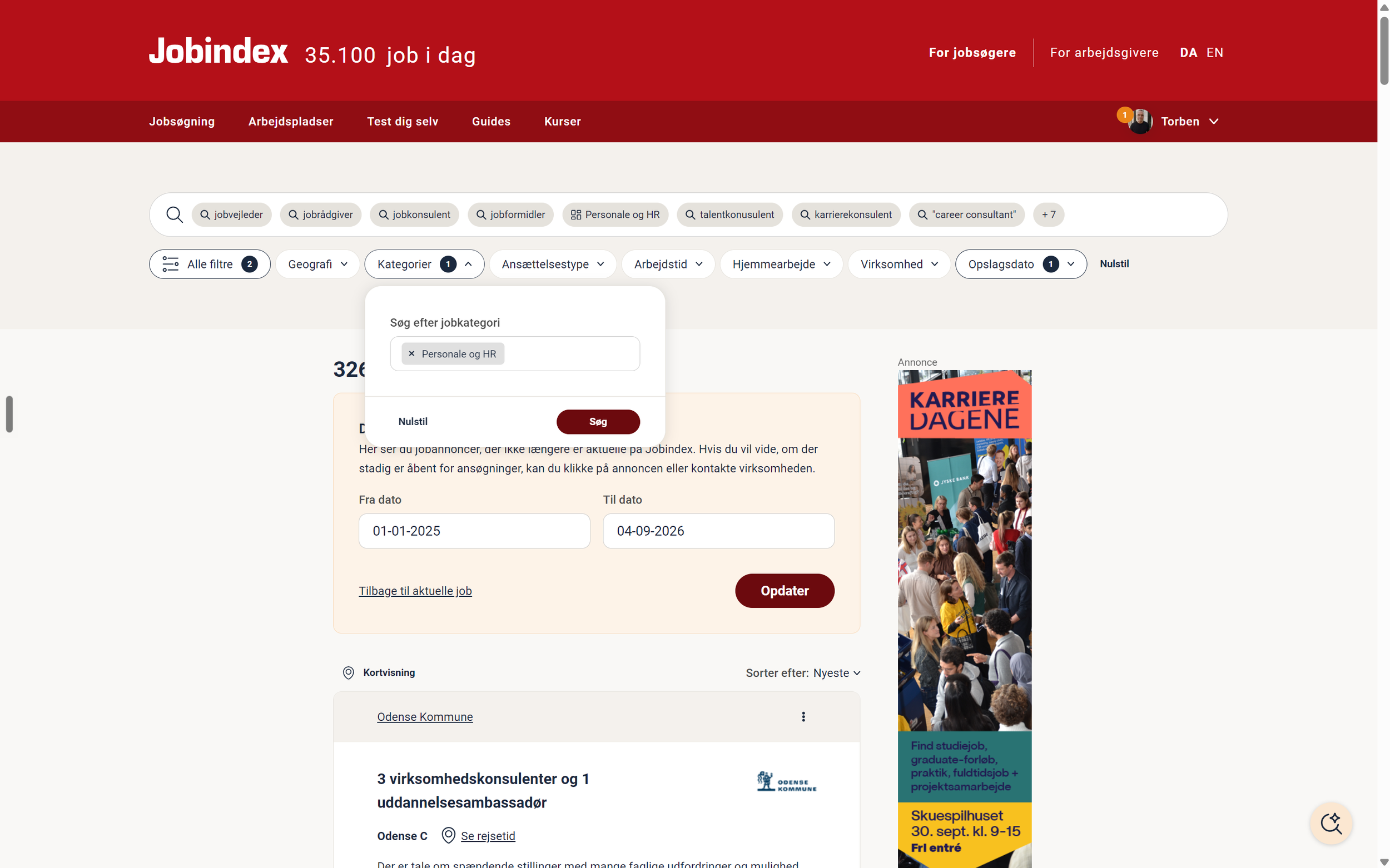 Kategorifiltret på Jobindex sat til Personale og HR