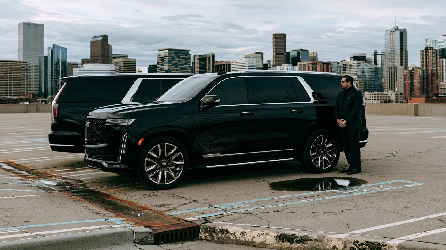 LIMCO black Cadillac Escalade at dusk with the Denver skyline