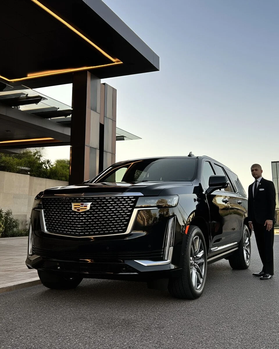 Black Cadillac Escalade waiting at a hotel entrance with its chauffeur