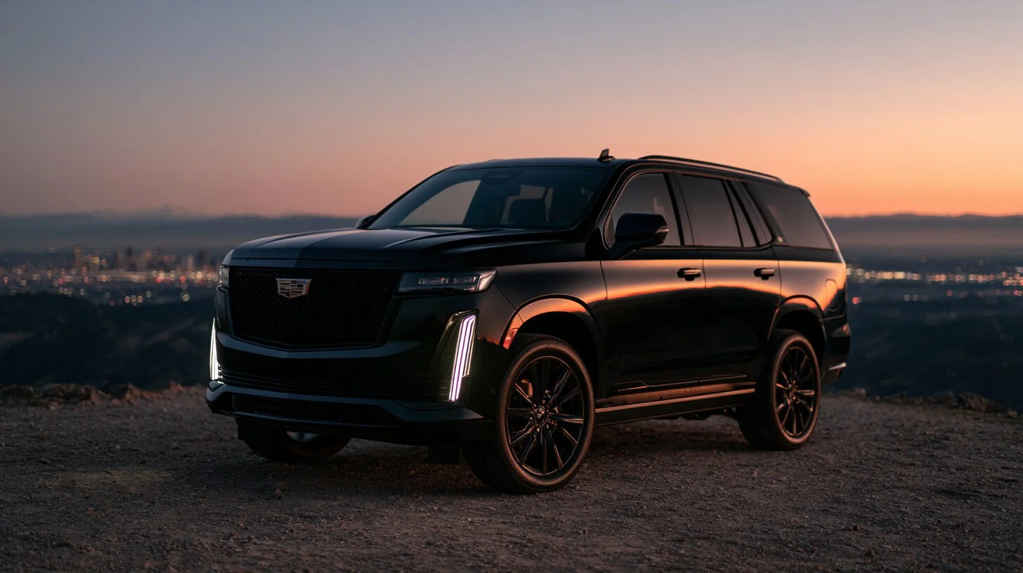 Black Cadillac Escalade at dusk above the city lights