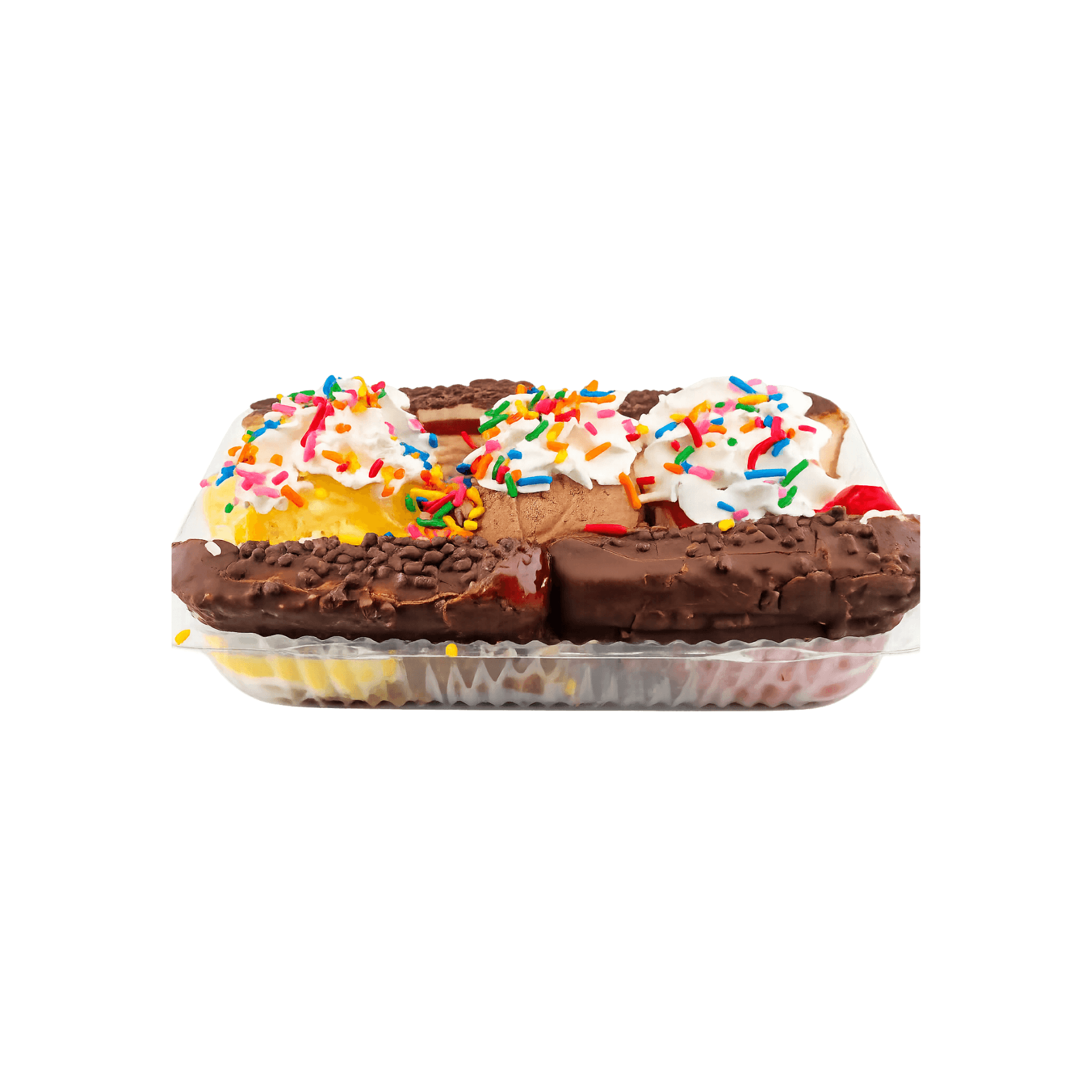 Gansito split with vanilla, chocolate, and strawberry ice cream, whipped cream, sprinkles, cherries, and Gansito cakes.