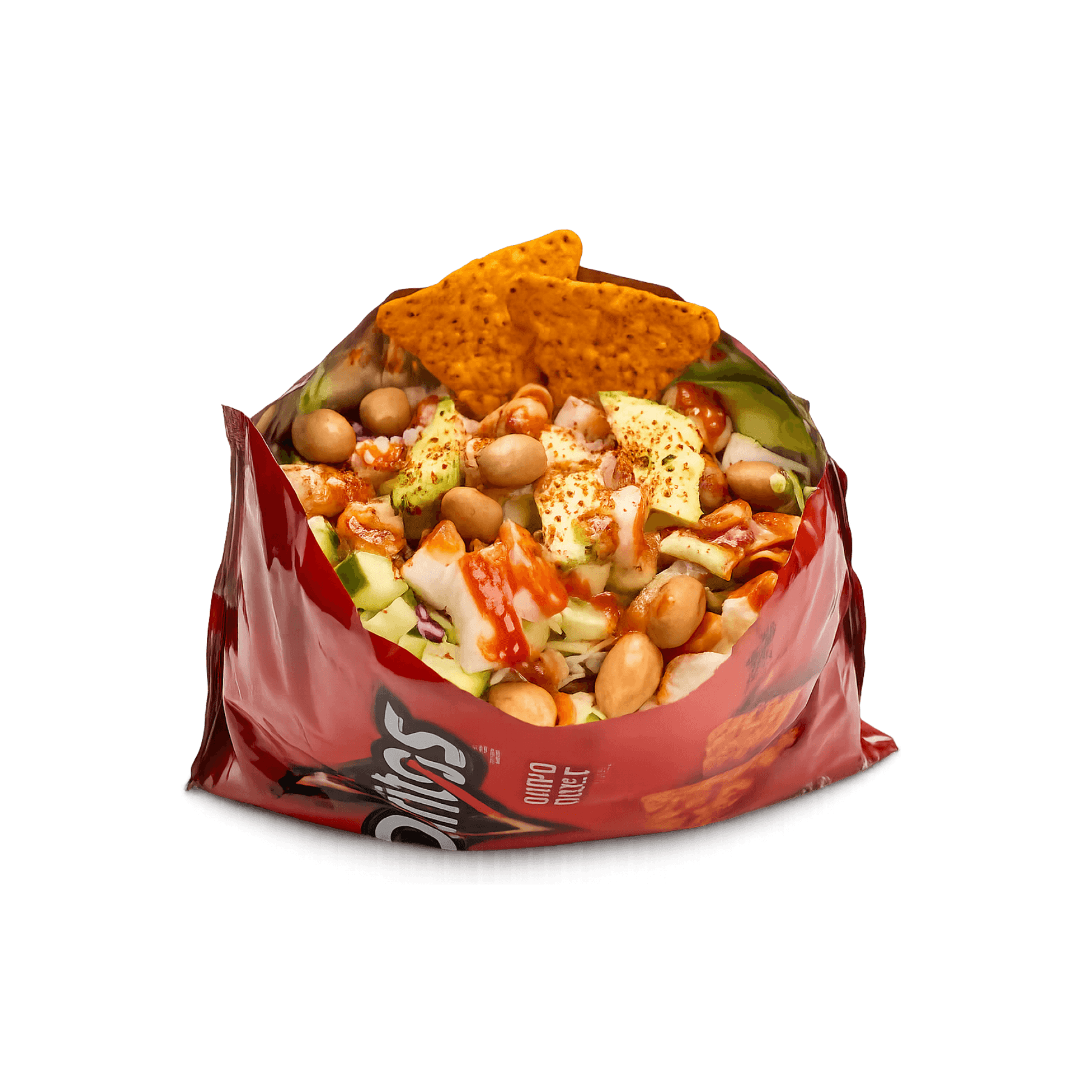 Botanas Locas Doritos prepared with fresh vegetables, peanuts, and hot sauce.