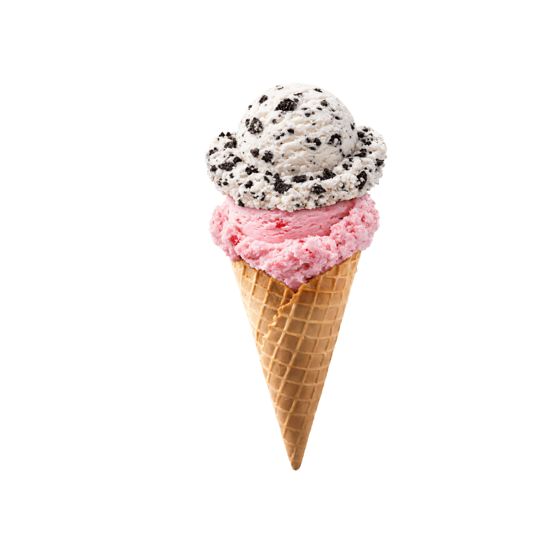 Waffle Cone with Cookies and Cream and Strawberry ice cream scoops