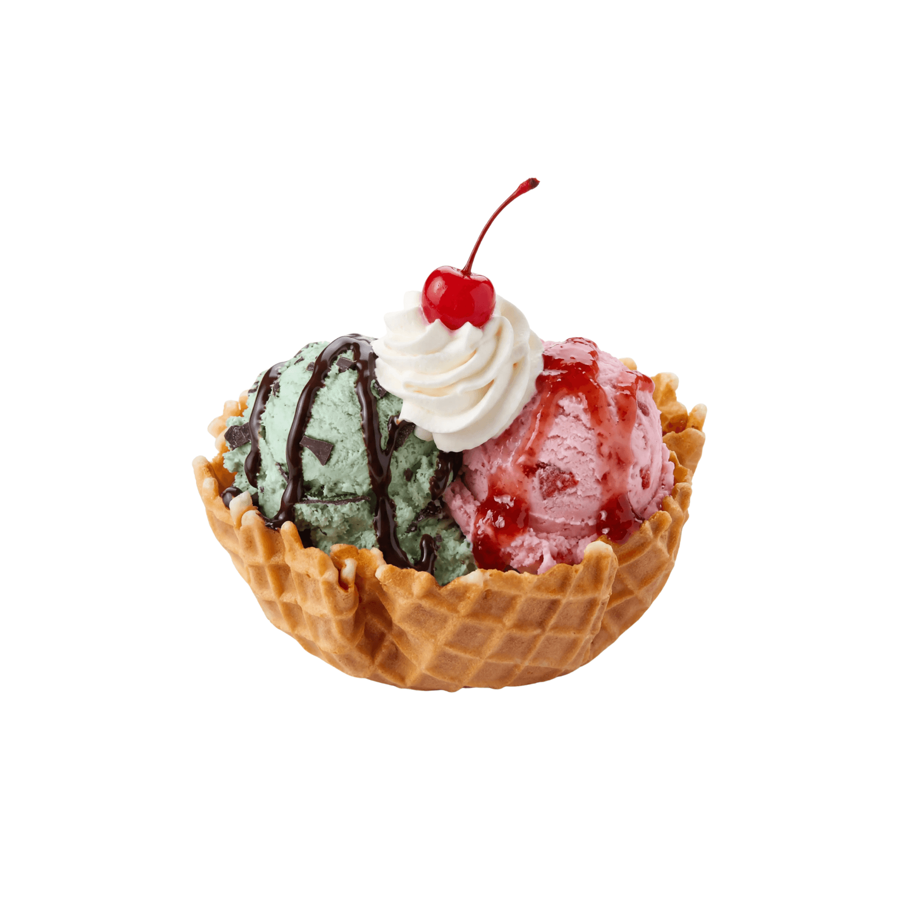 Waffle bowl with mint chocolate chip and strawberry ice cream, whipped cream, chocolate and strawberry drizzles, and a cherry