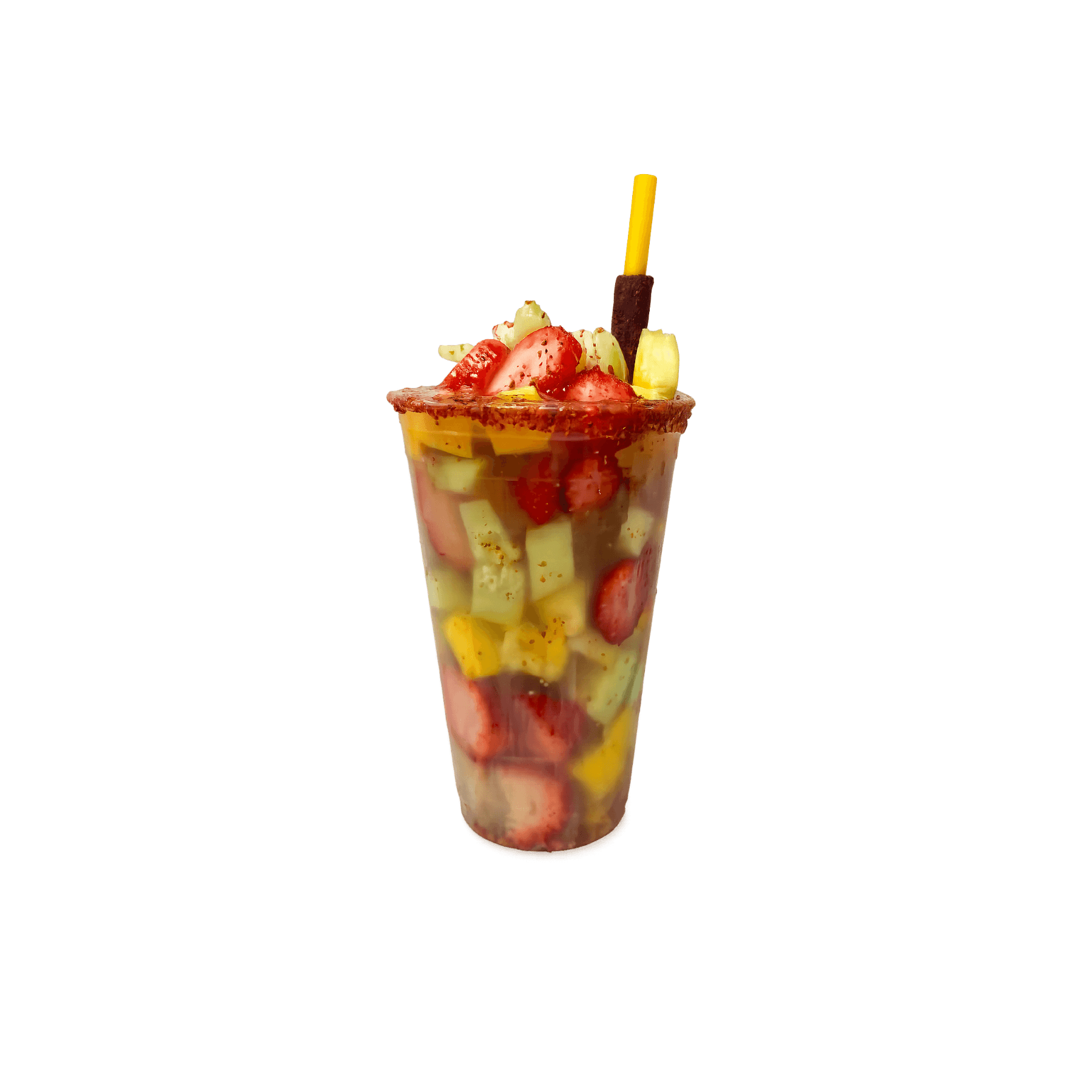 Michelagua fruit drink with seasonal fruit and chamoy rim