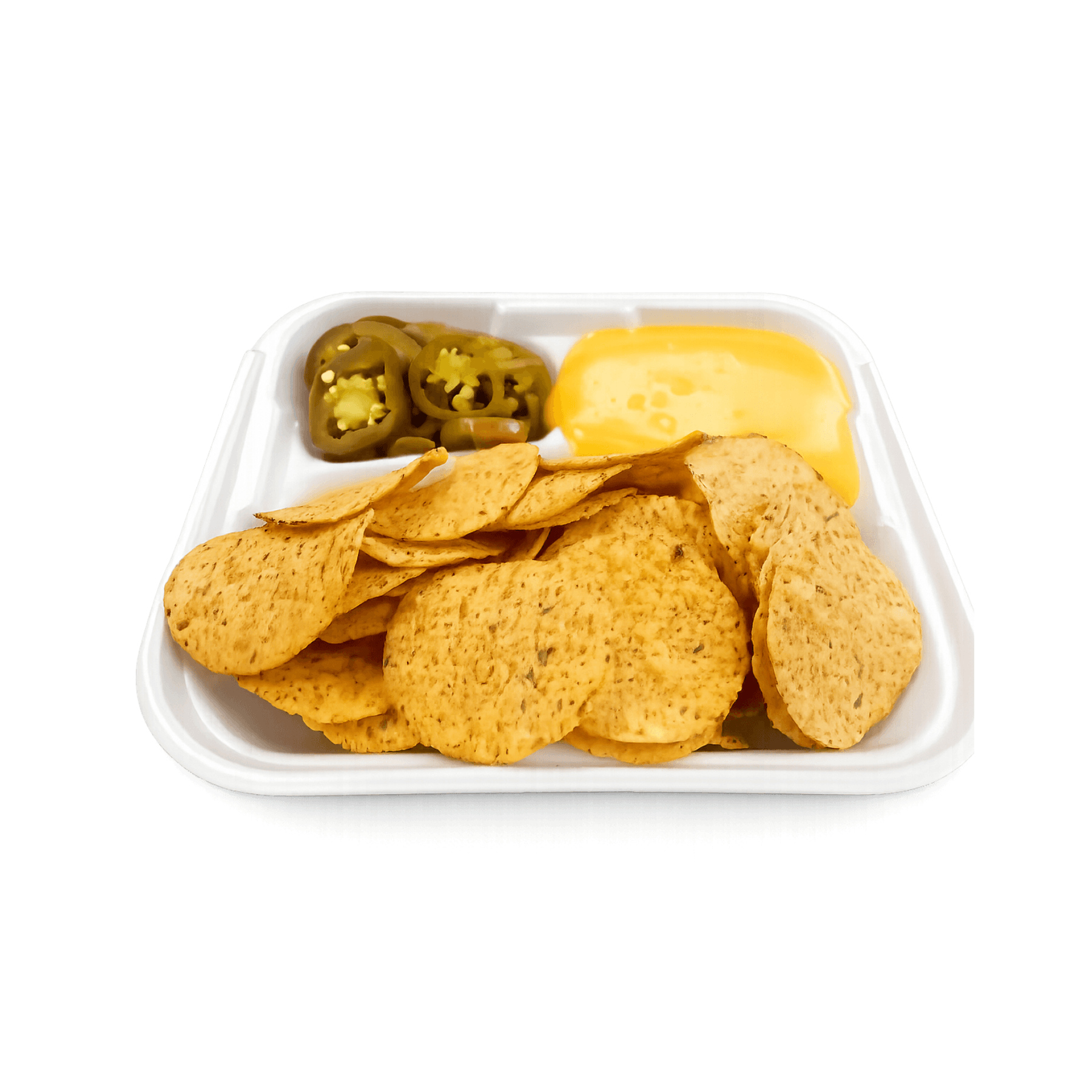 Nachos with crispy tortilla chips, melted cheese, and sliced jalapeños served in a tray