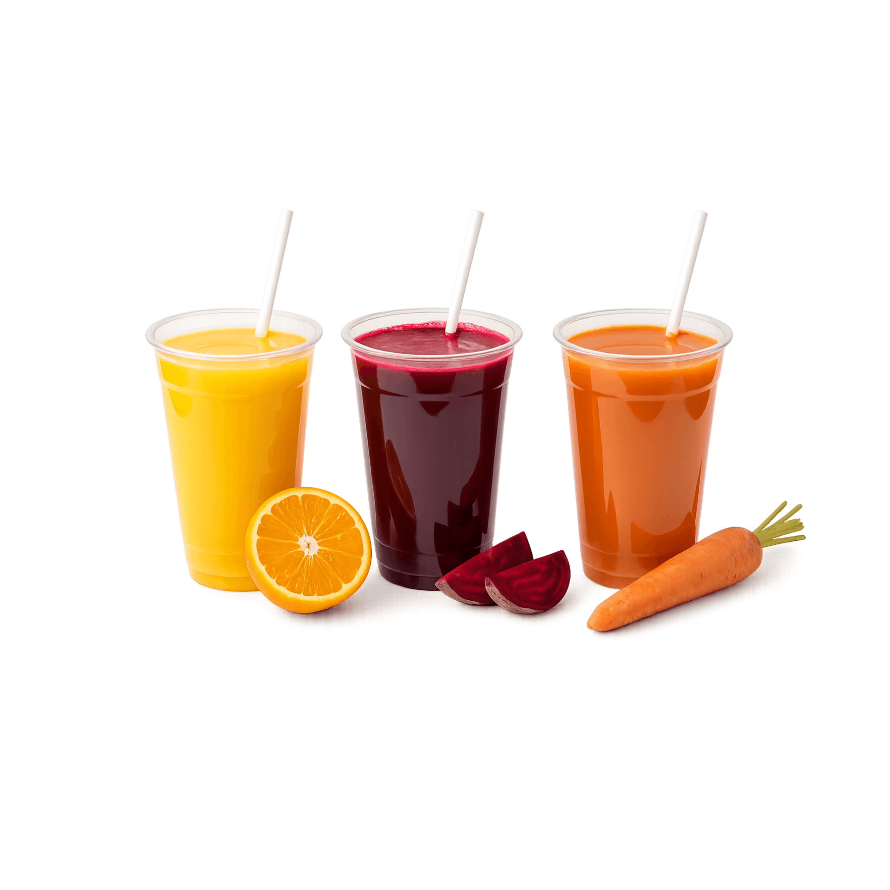 Fresh natural juices including orange juice, beet juice, and carrot juice