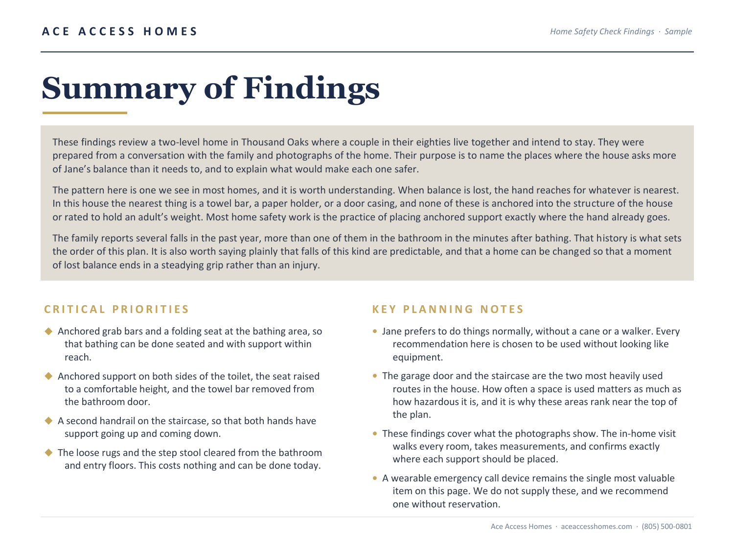 Summary of Findings page describing the pattern of risks found in the home and the critical priorities