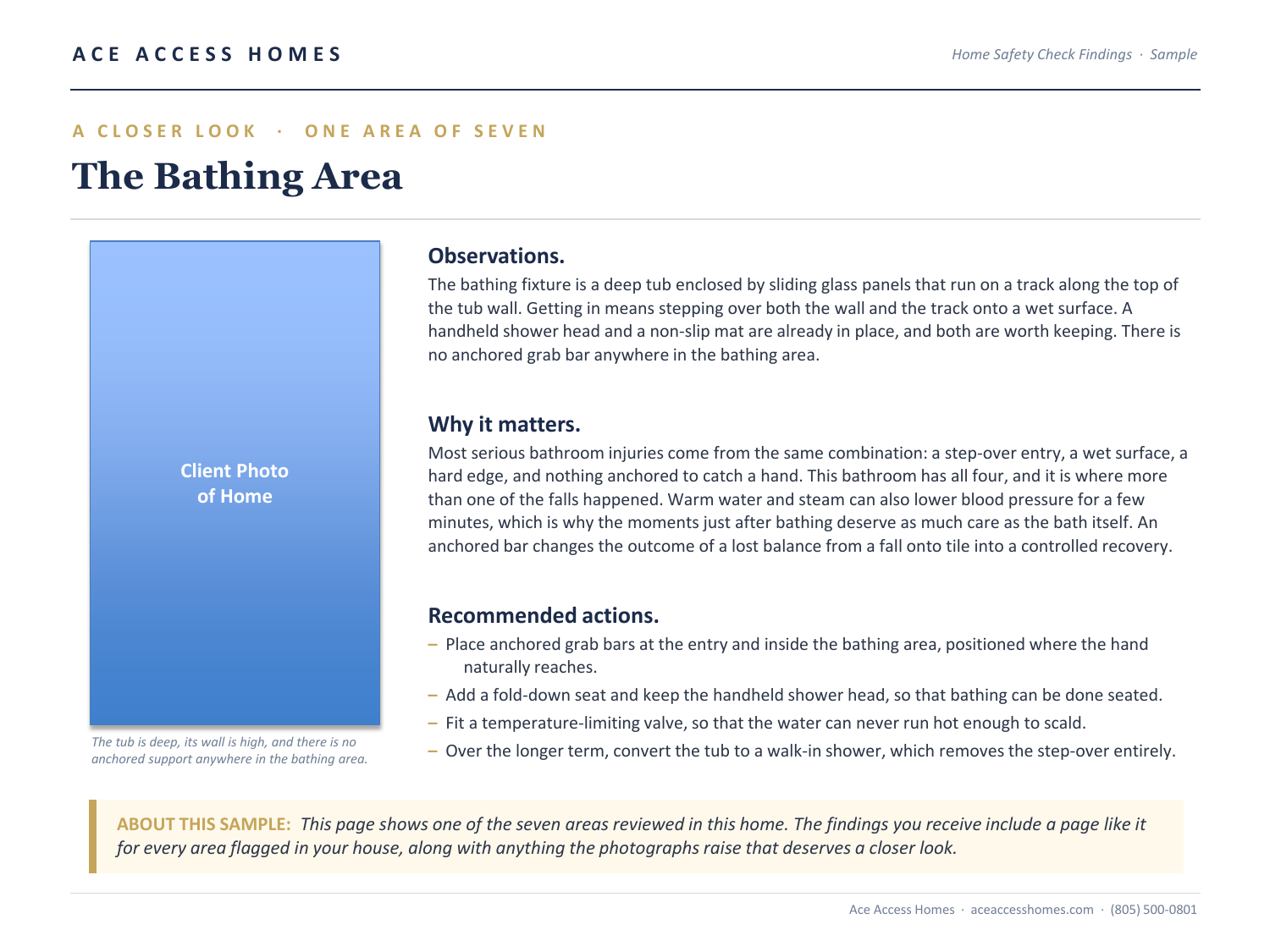 A Closer Look page on the bathing area, with observations, why it matters, and recommended actions