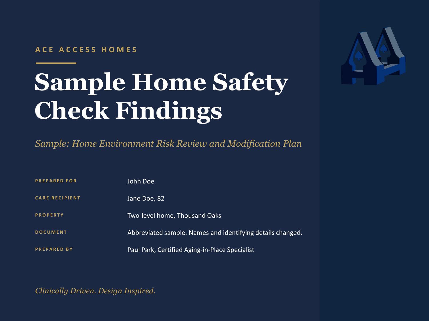 Cover page of a sample Home Safety Check Findings document, prepared by Paul Park, Certified Aging-in-Place Specialist
