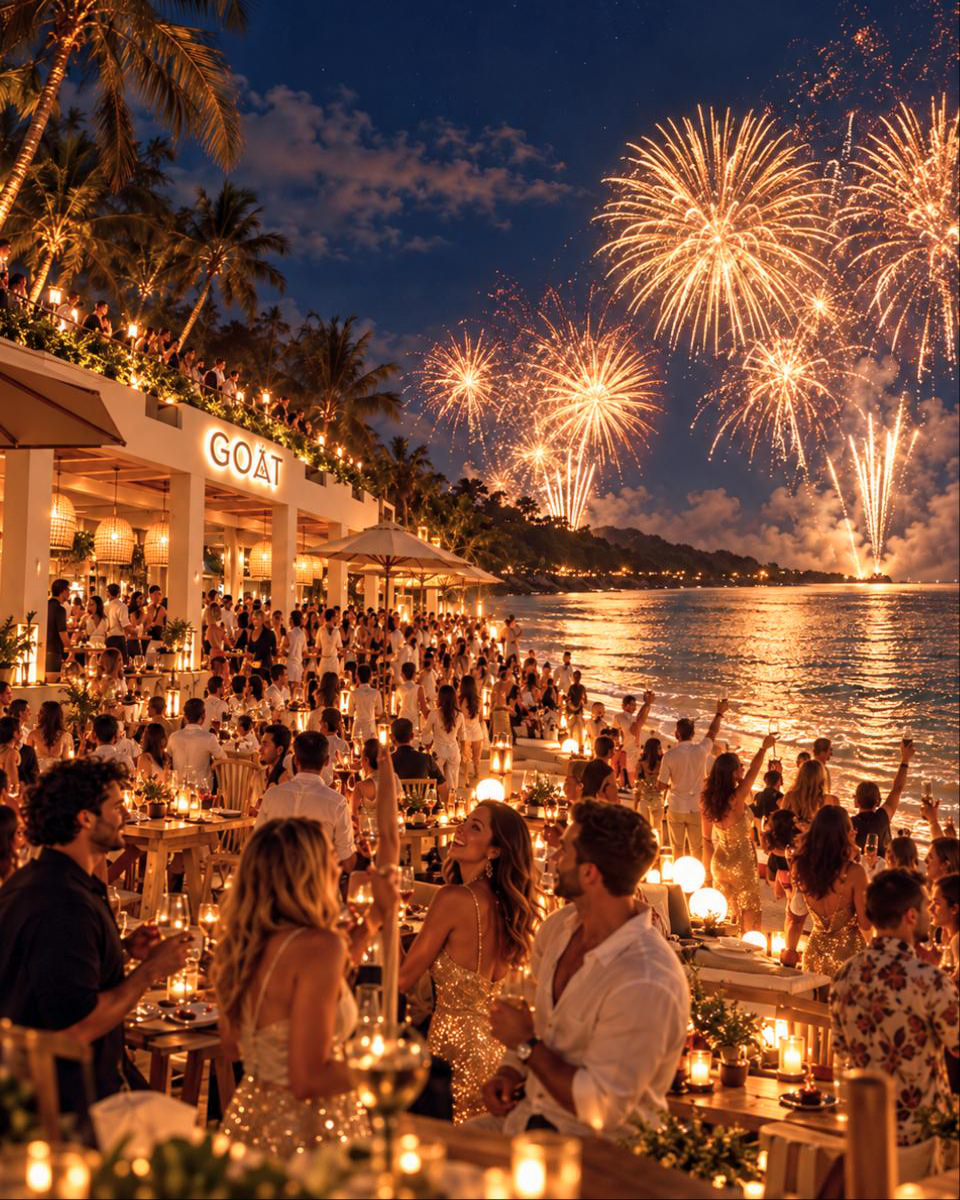 Fireworks over GOAT Beach Club at night