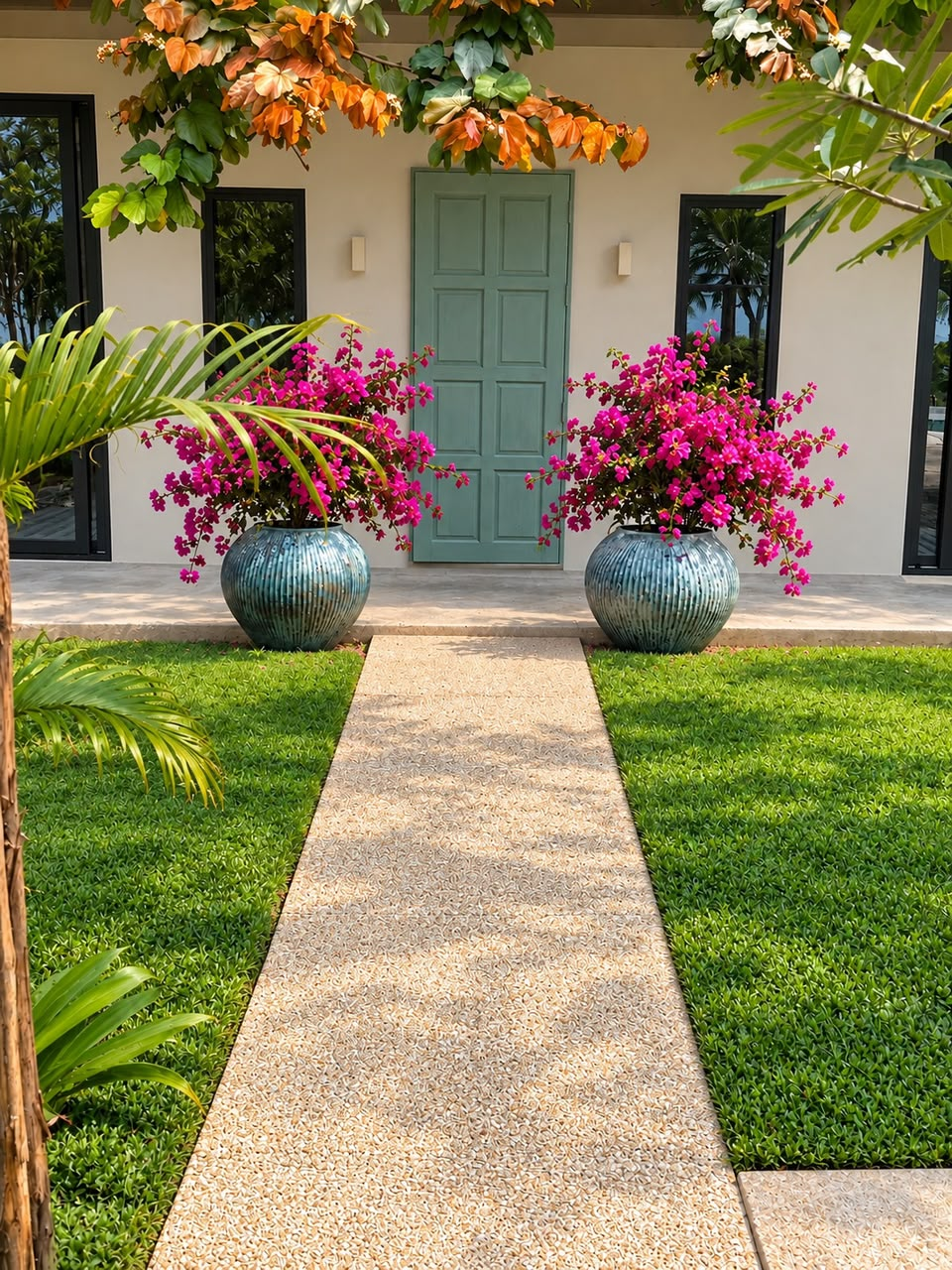 Garden path leading to a pale green door, flanked by bougainvillea