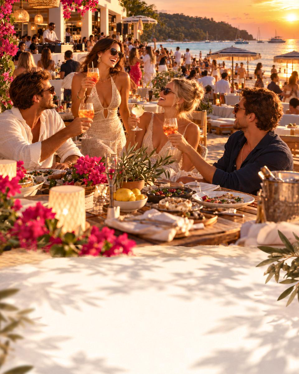 Guests toasting at a sunset Riviera party table