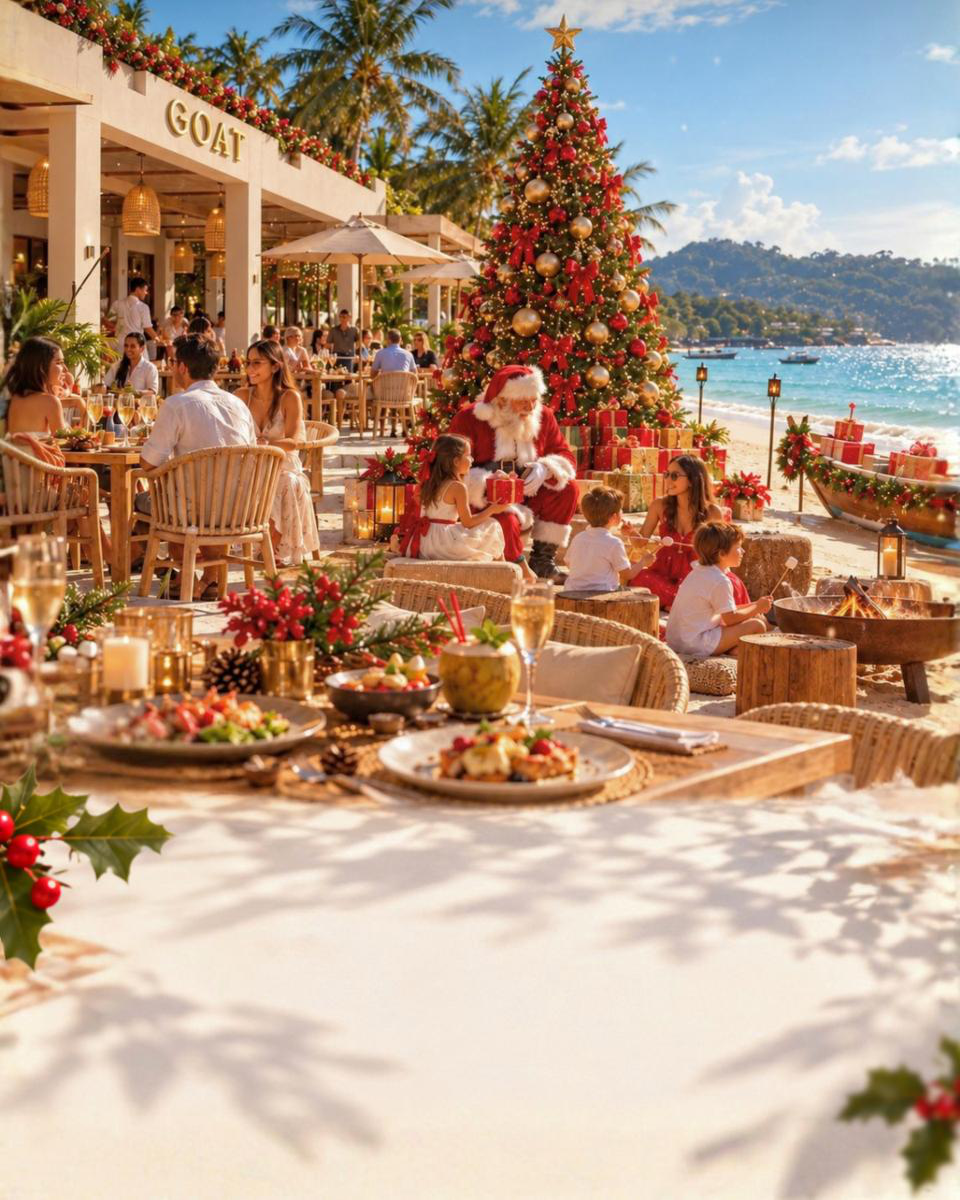 Christmas tree and festive brunch tables by the beach