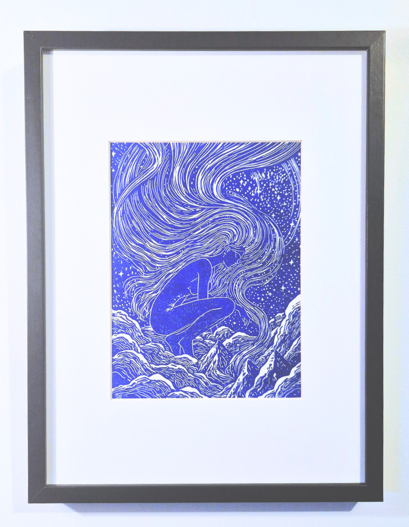 Linogravure originale tisseuse d'aurores