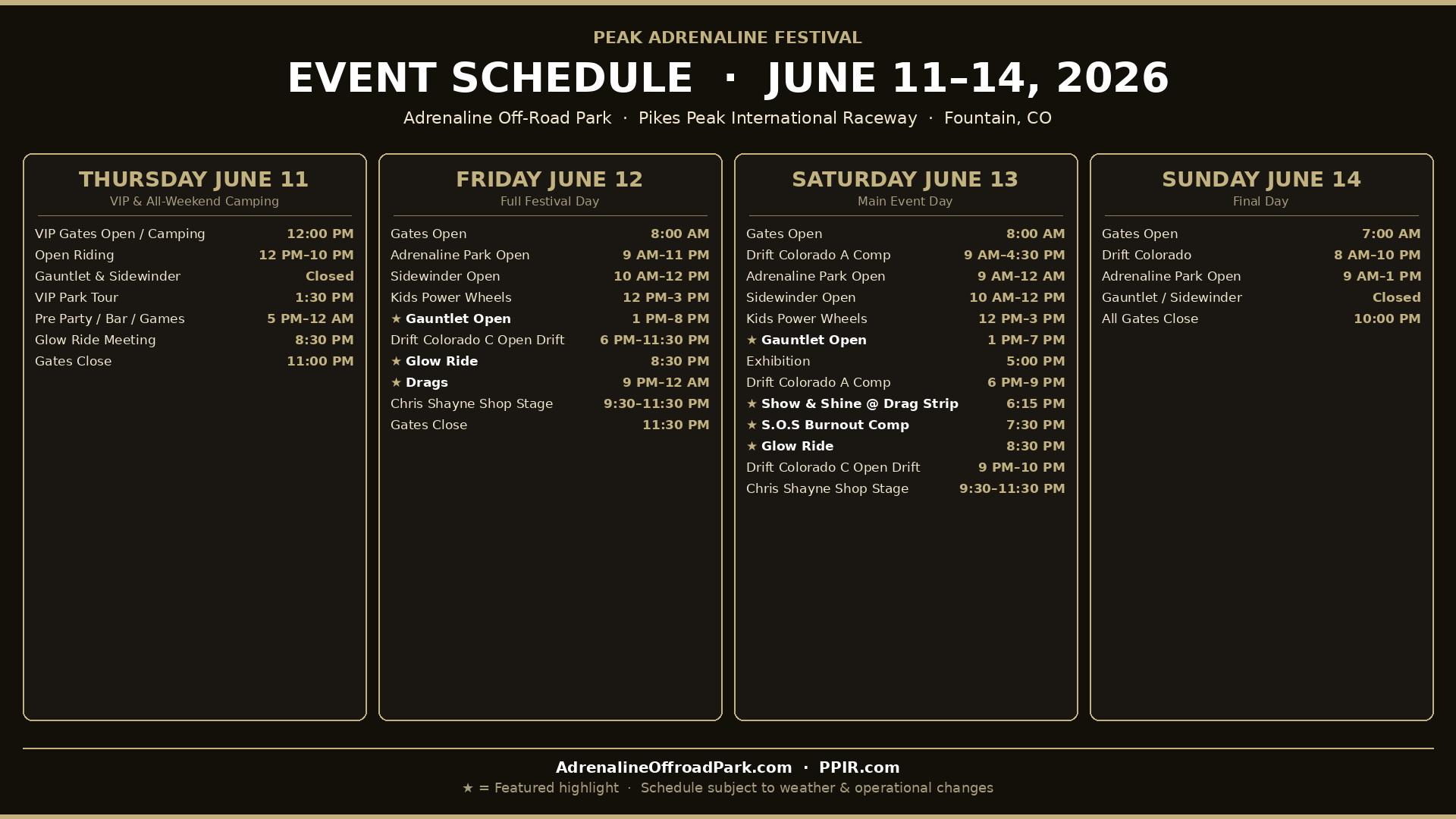 Peak Adrenaline Festival 2026 Event Schedule — June 11-14, 2026, Adrenaline Off-Road Park at PPIR, Fountain CO