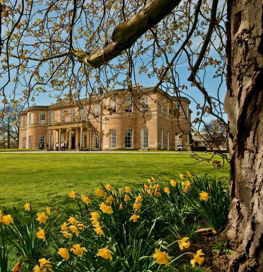 The hotel in spring, seen across the lawn through the trees
