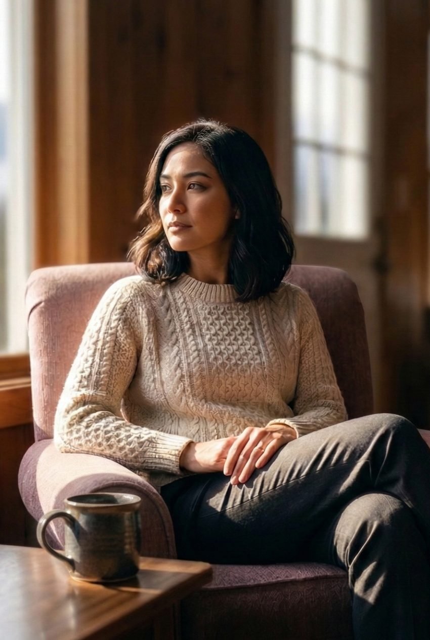 A founder sitting quietly by a window with a mug of tea