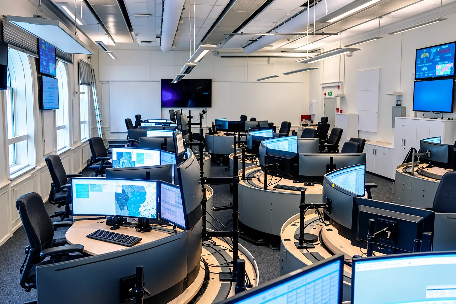 Cockpit-arbeidsplasser med individuelle skjermer og felles oversikt