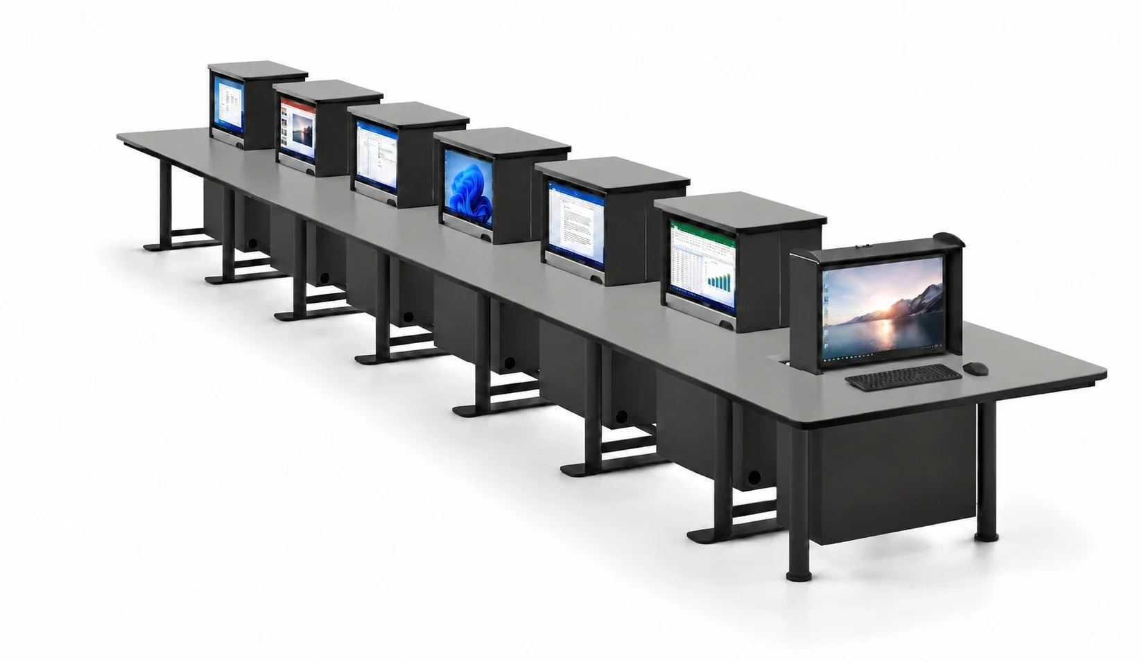 ErgoDesk Collaboration – felles tosidige smartbokser med mellomgrå plater og sort kantlist