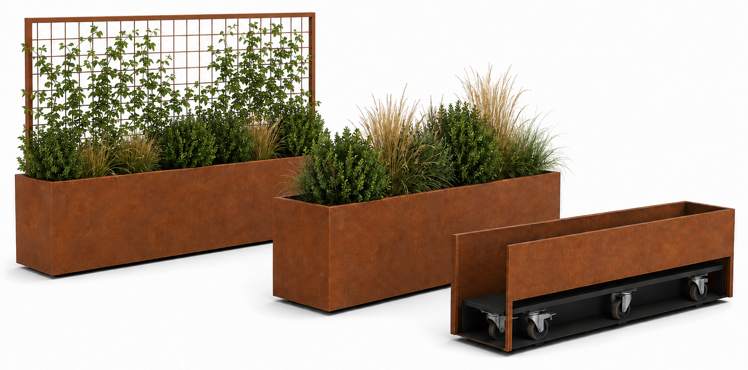 Mobile plantekasser med inntrukket hjulunderstell og mulighet for espalier