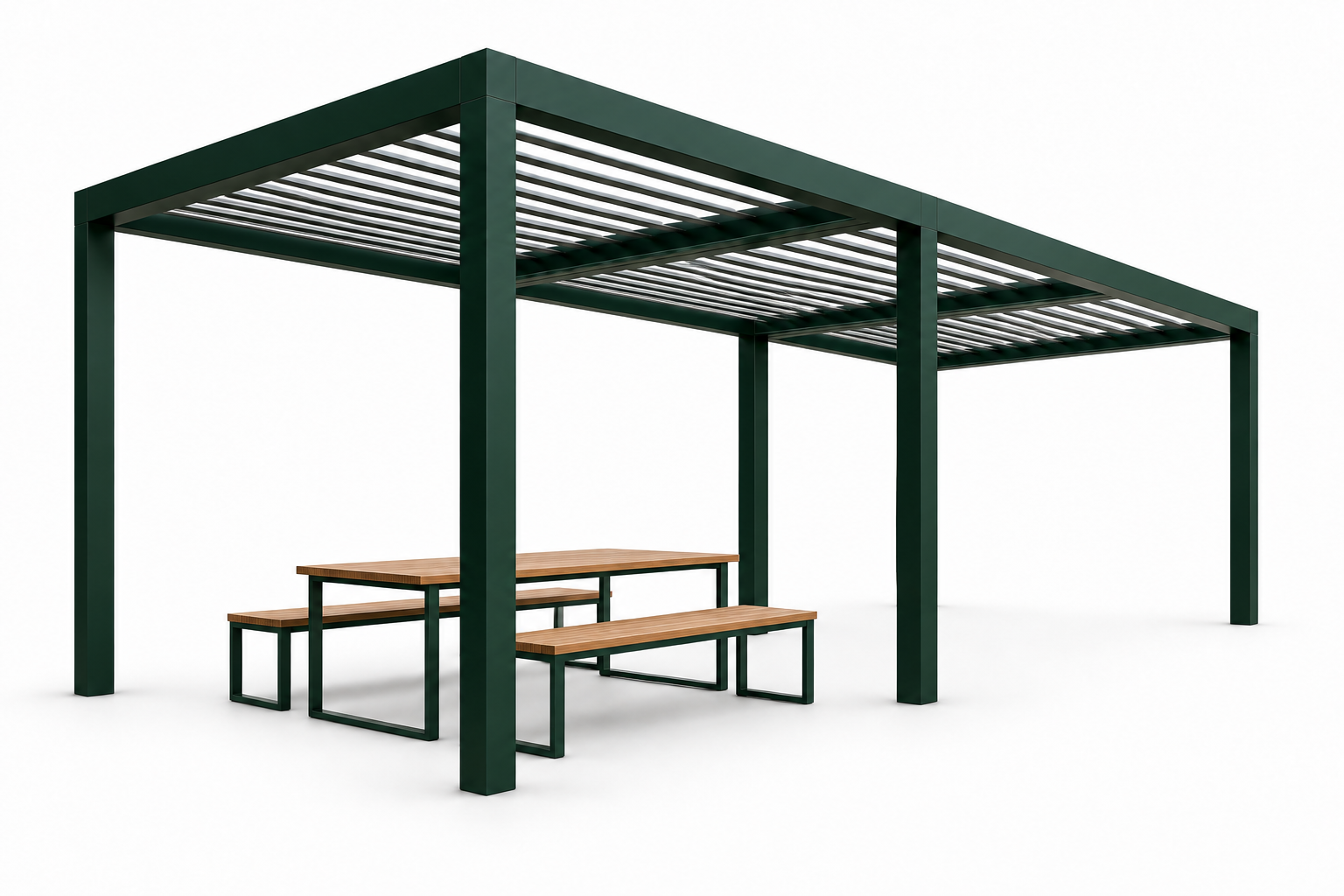 Pergola 4 × 6 meter med bord og benker i fremre del – illustrasjon