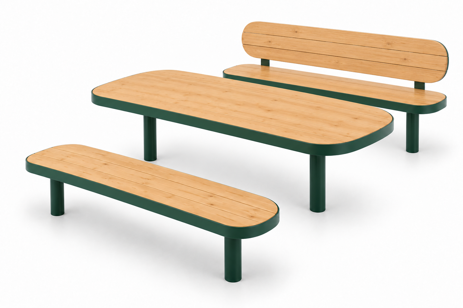 SR Radius bord med separat benk og benk med rygg – produktillustrasjon