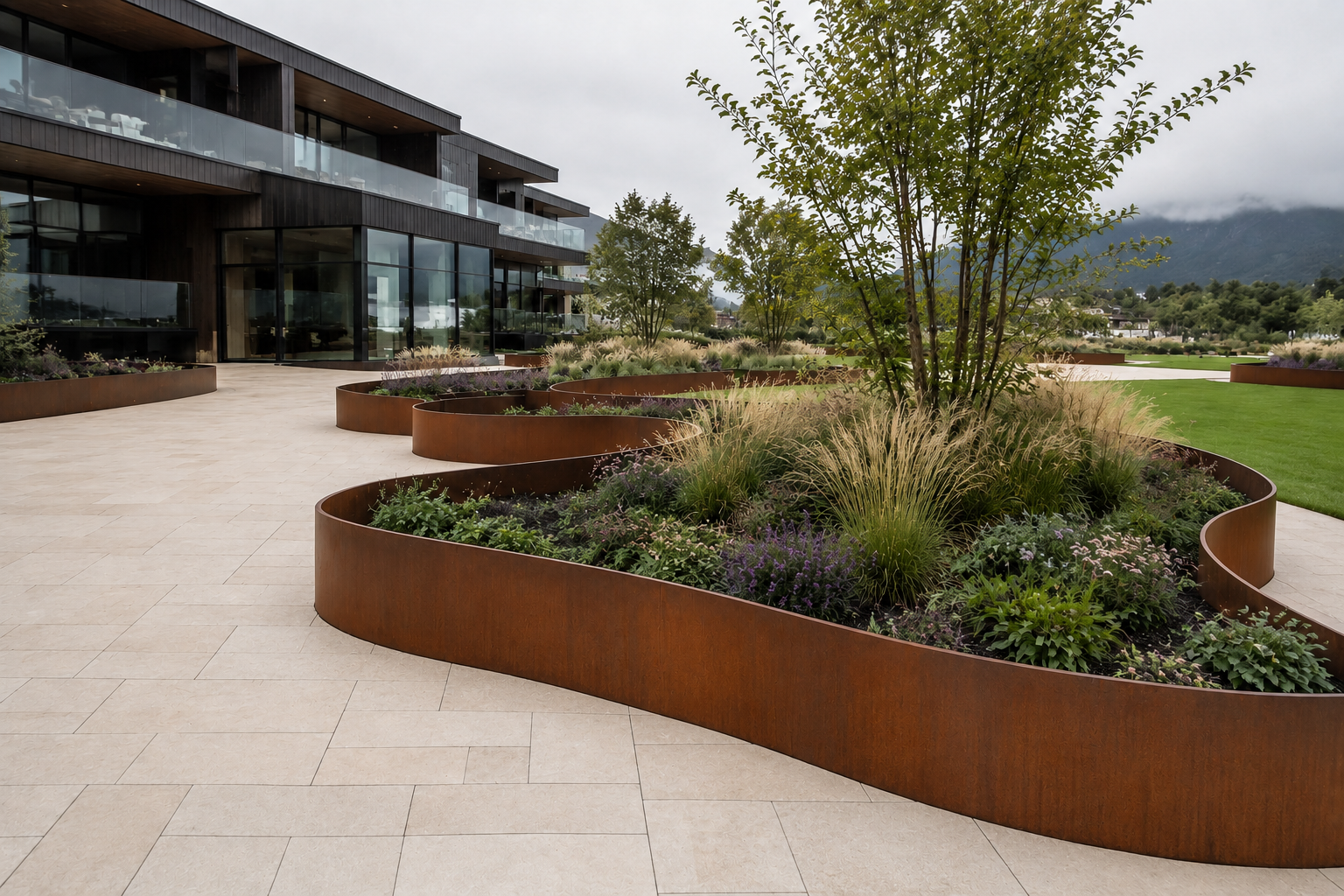 Illustrasjon av store, buede stålkanter i corten rundt plantefelt ved et næringsbygg