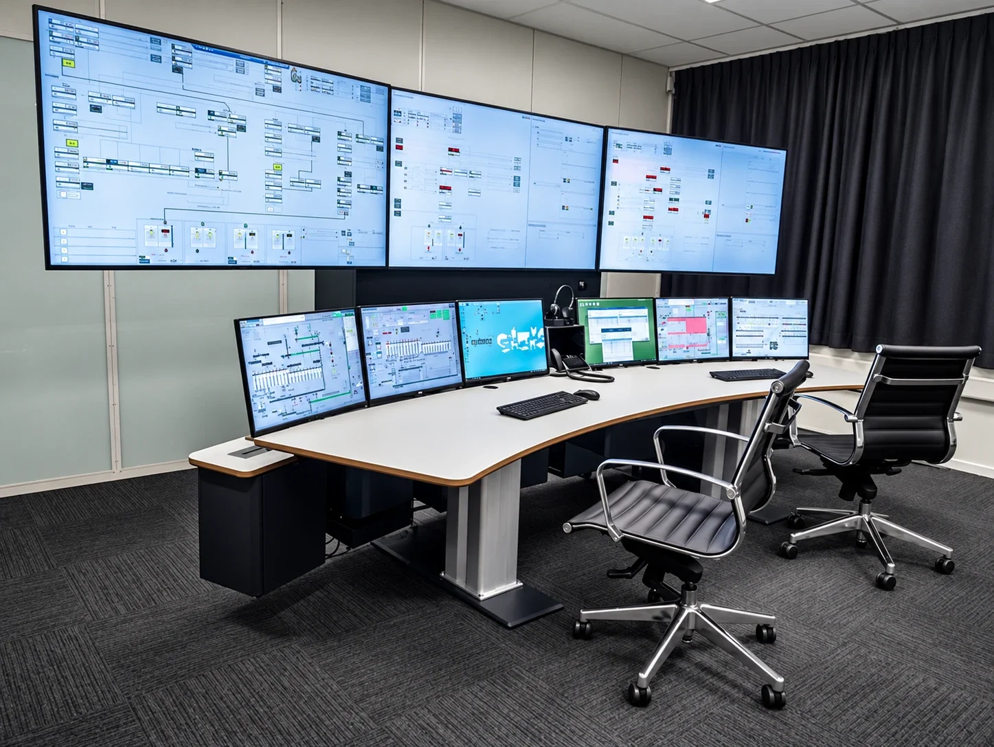 Operatorbord med store skjermer bak arbeidsplassen