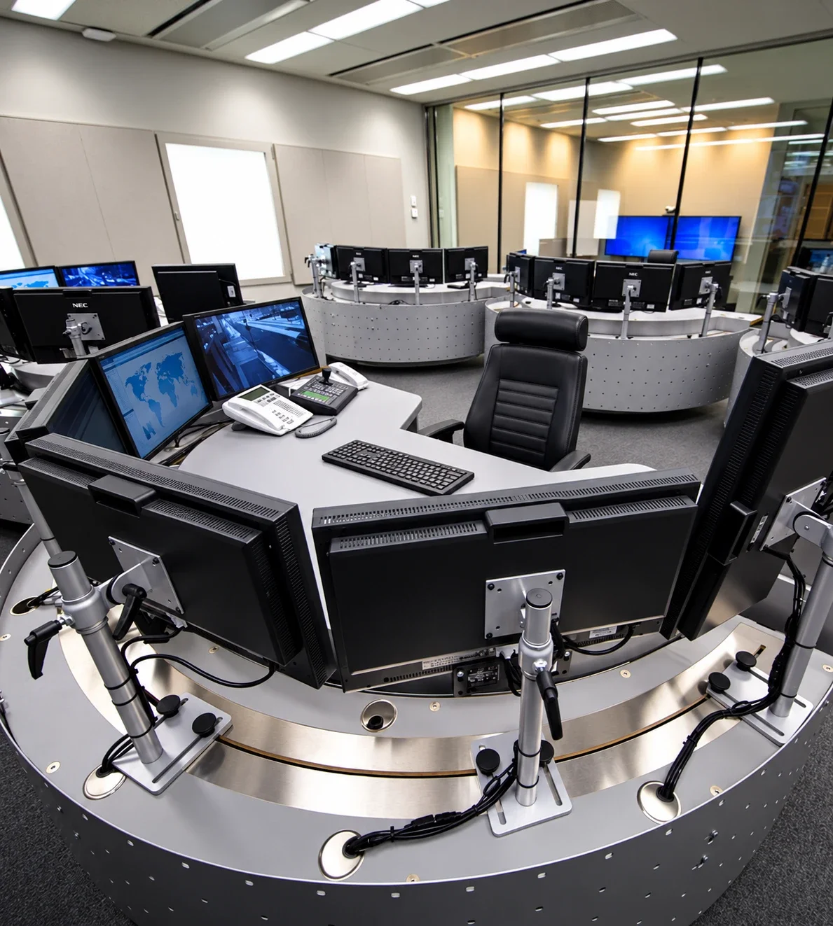 Cockpit med integrert teknisk rom og flere skjermer