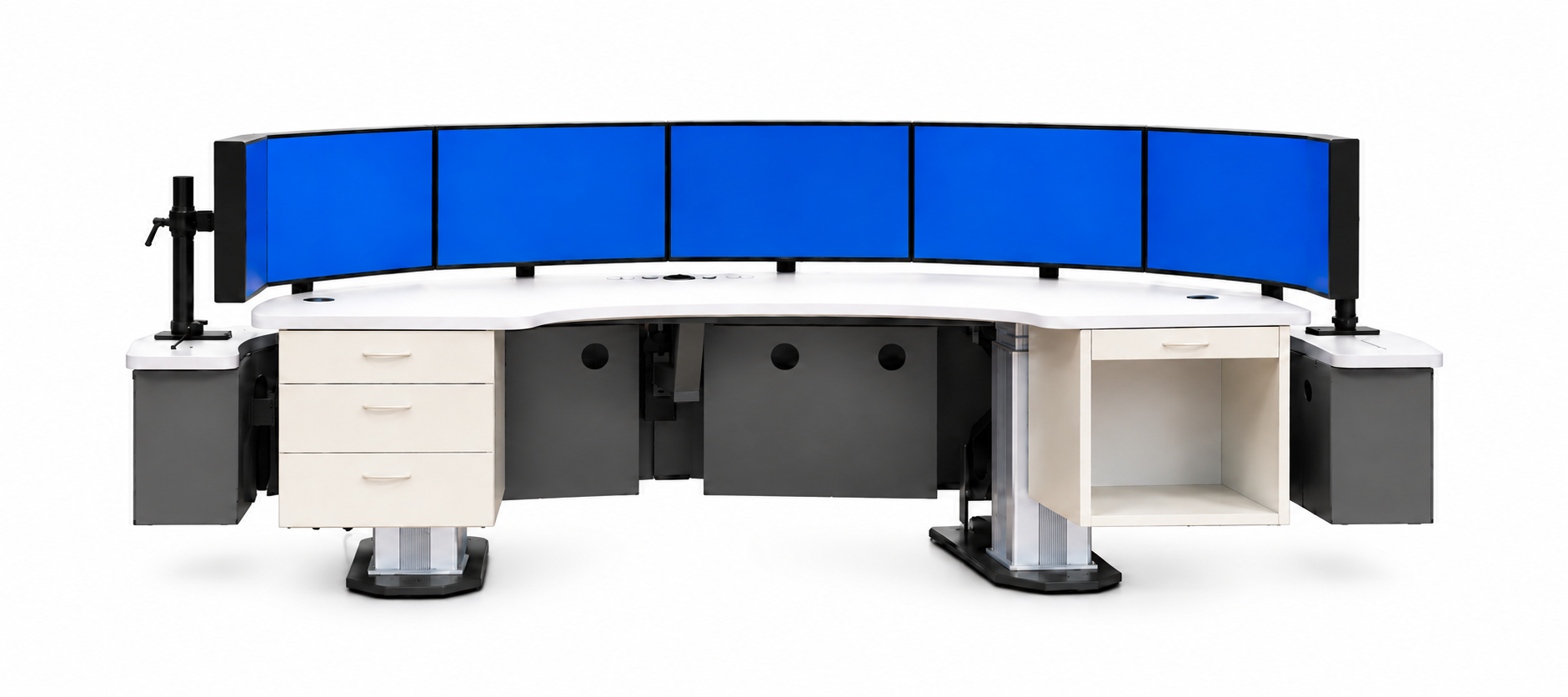 ErgoDesk Cockpit med omsluttende bordform og fem skjermer