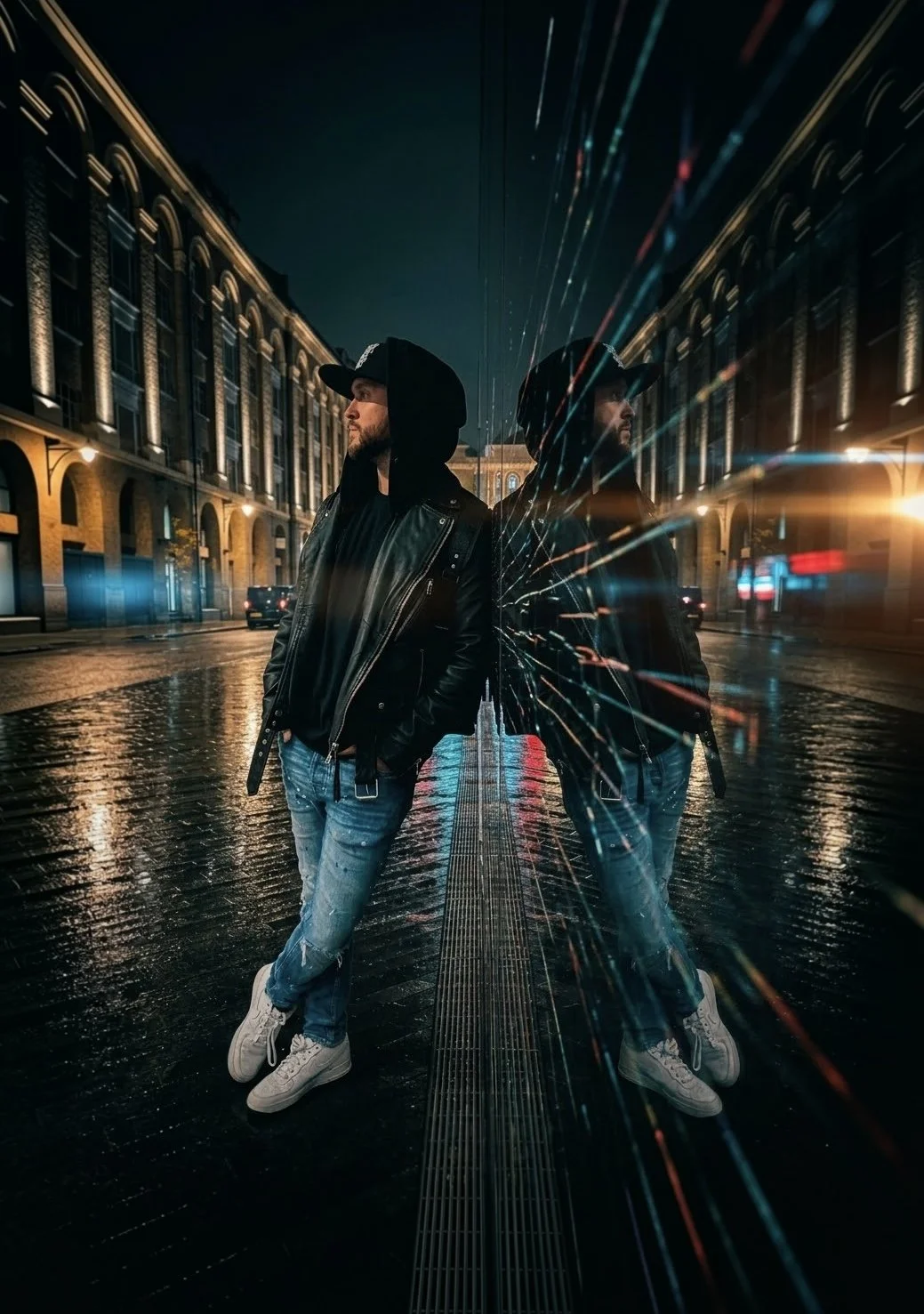 Damien O'Brien standing at night on a London street, reflected beside himself