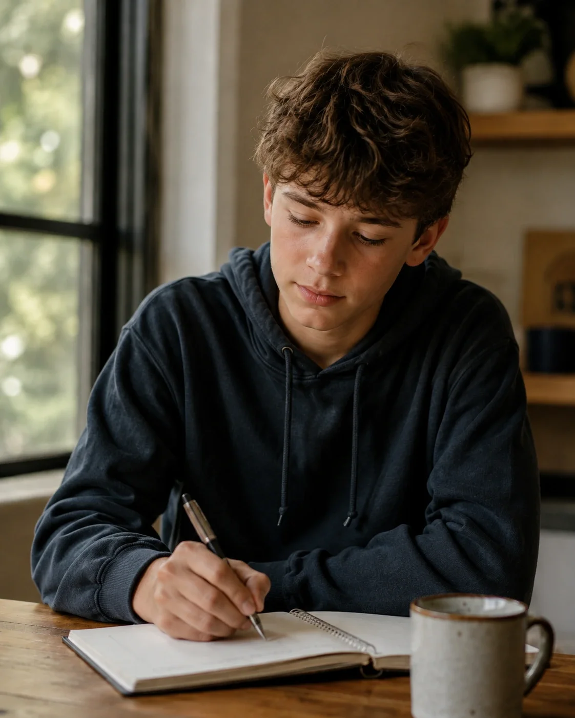 A teenager writing in a notebook
