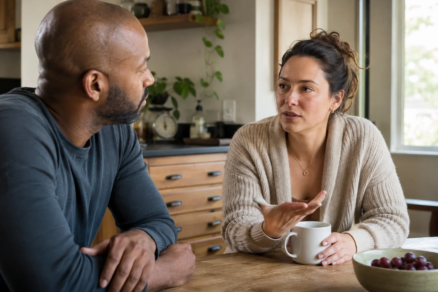 Two adults seated together in conversation