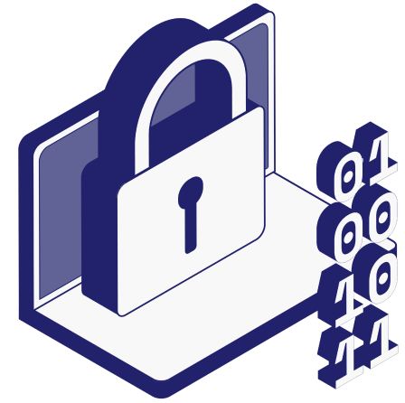 3D isometric illustration of a laptop with a lock and binary code to represent cybersecurity.