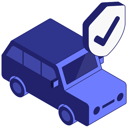 A 3D isometric illustration of a car with a shield icon and check mark to convey auto insurance.